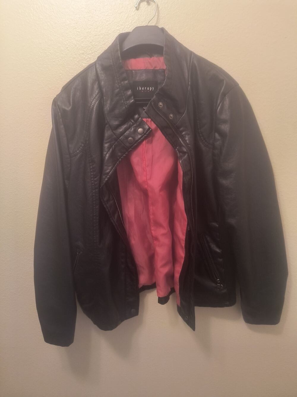 therapy Black Faux Leather Jacket with Pink Lining
